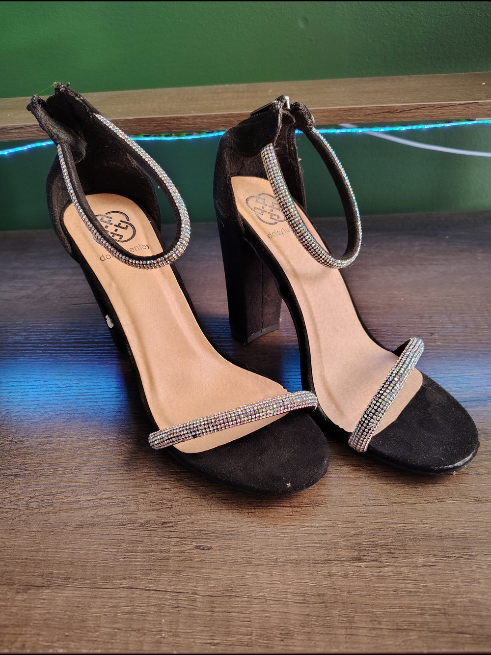 Daisy Fuentes Black Rhinestone Strap Block Heels